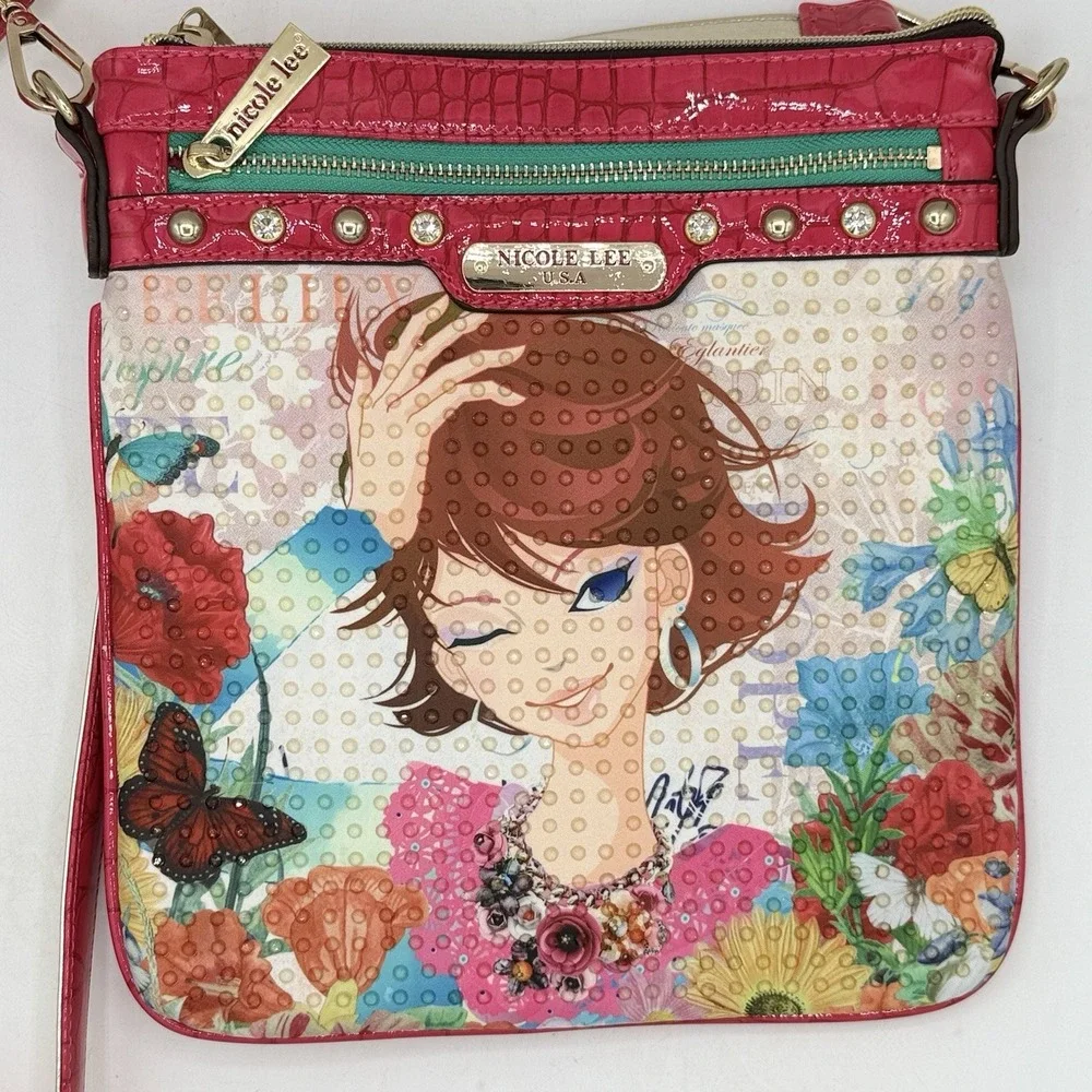 New Without Tags Nicole Lee Cross Body Winking Girl Butterfly Flower Purse White